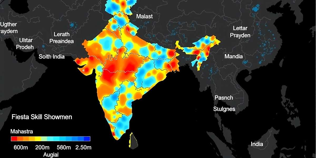 Fiesta Skill Showmen Regional Popularity Fiesta Skill Showmen download distribution heat map across India showing highest concentration in Maharashtra, Uttar Pradesh, and South India