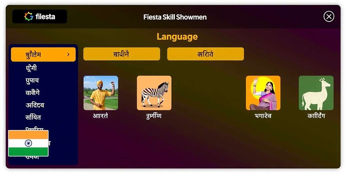 Fiesta Skill Showmen Language Support Fiesta Skill Showmen language selection screen showing various Indian language options with regional cultural icons